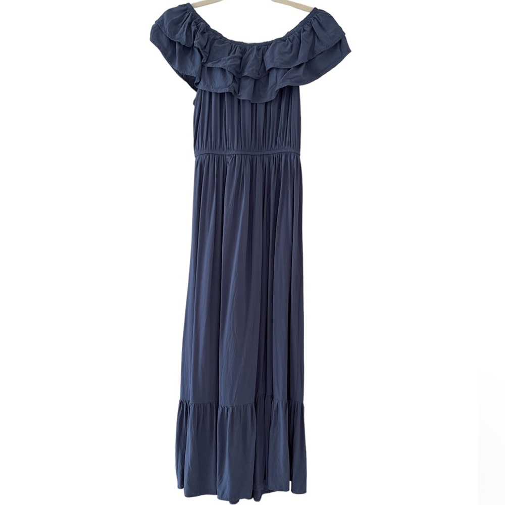 Anna-Kaci • Maxi Dress • Slate Blue • Flounce Ruffle Neckline • Tiered • Comfy